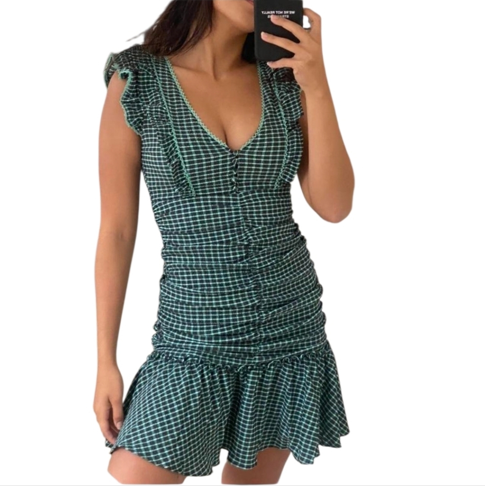 Betsey Johnson Mad About Plaid Ruched And Ruffle Green Mini Dress. 14